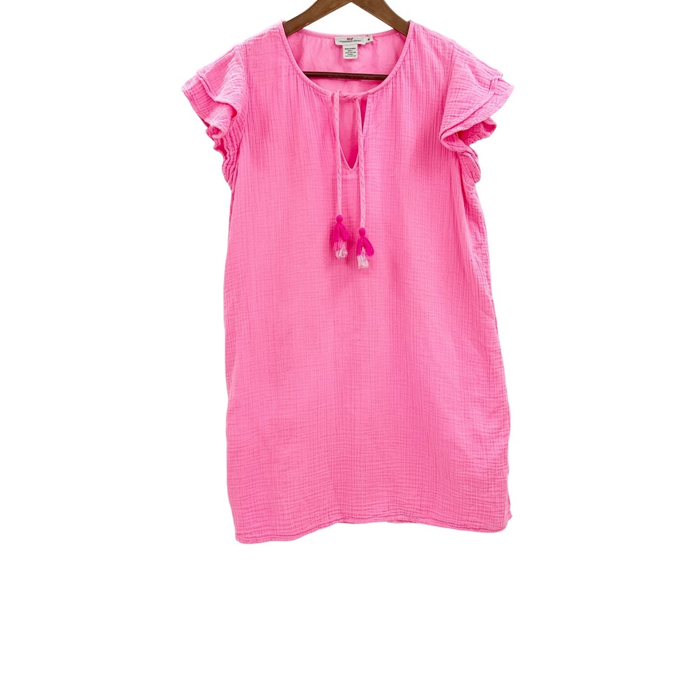 Vineyard Vines Pink Cotton Gauze Flutter Sleeve Tassel Tie Shift Dress Womens M